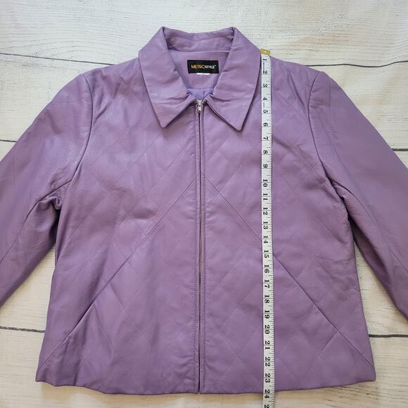 Metro Style Size L Purple Leather Jacket Full Zip Quilted Minimalist Statement - Picture 4 of 9